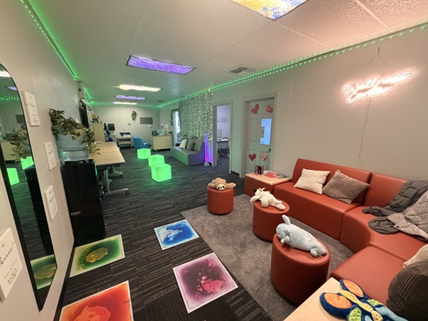 lounging area with cool toned lighting 