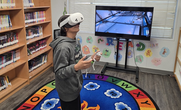 a student wearing a virtual learning headset 